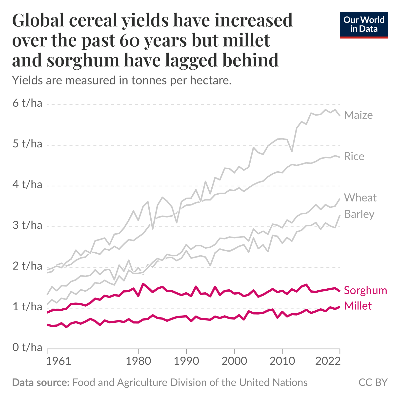 Line chart showing cereal yields from 1961 to 2022, measured in tonnes per hectare. Maize, rice, wheat, and barley yields have significantly increased, with maize reaching about 6 t/ha and rice around 5 t/ha by 2022. In contrast, millet and sorghum yields have remained relatively stagnant at around 1 t/ha. Data source: Food and Agriculture Division of the United Nations, via Our World in Data.