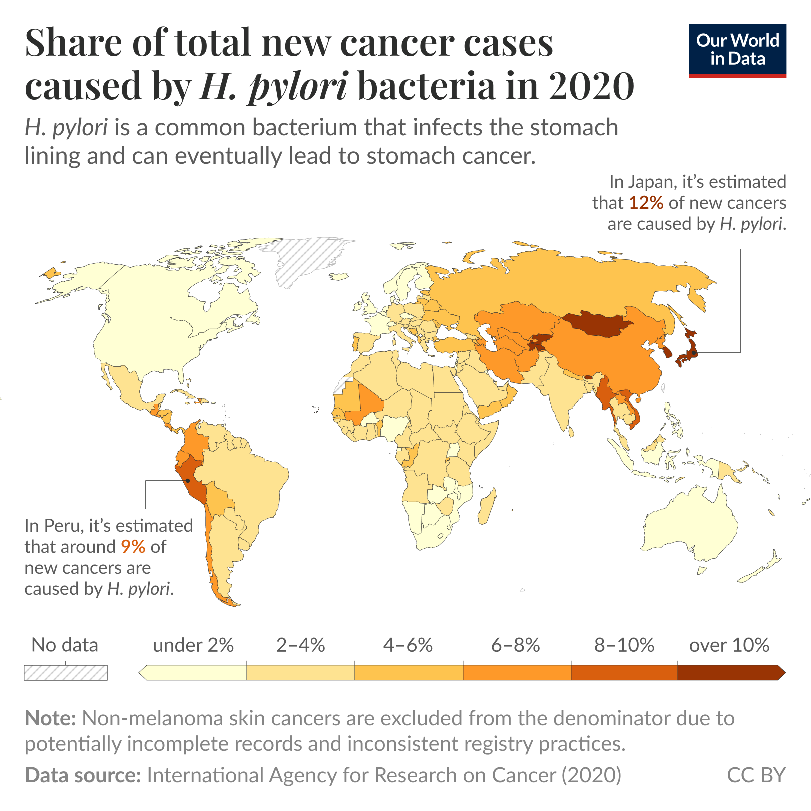 This image is a world map illustrating the share of new cancer cases attributed to the bacterium Helicobacter pylori in 2020. Different regions are shaded in various shades of orange and brown, indicating the percentage of cancers caused by this bacteria. Areas with no data are marked with diagonal lines. The color scale ranges from light yellow for 0% to dark brown for 10%. The regions with a higher prevalence of cases are primarily in East Asia and parts of South America, while many areas in North America and Western Europe show lower percentages. The data source is the International Agency for Research on Cancer from 2020. A note clarifies that non-melanoma skin cancers are excluded from the denominator due to potentially incomplete records and inconsistent registry practices.